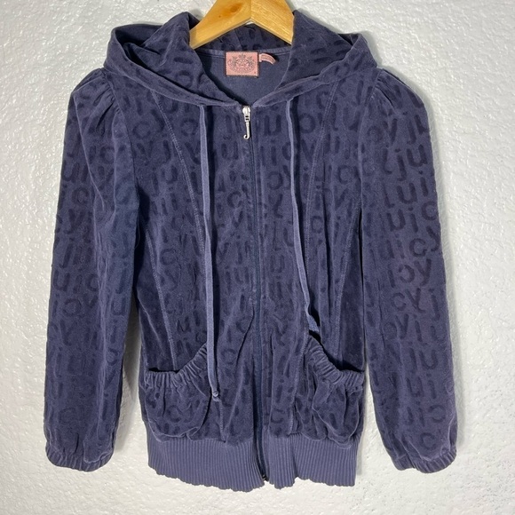 VINTAGE Juicy Couture 90s Y2K Velour Jacket Full Zip Juicy All Over Medium Blue - Picture 1 of 8